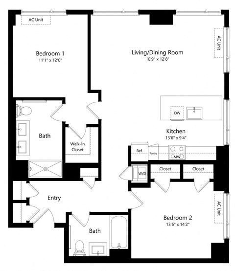 Two Bedroom Floor Plan at One East Harlem Luxury Apartments in East Harlem NY